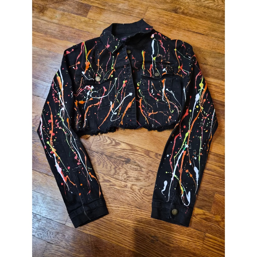 Purple Candy Black Neon Paint Splatter Cropped Denim Jacket Streetwear Y2K Small